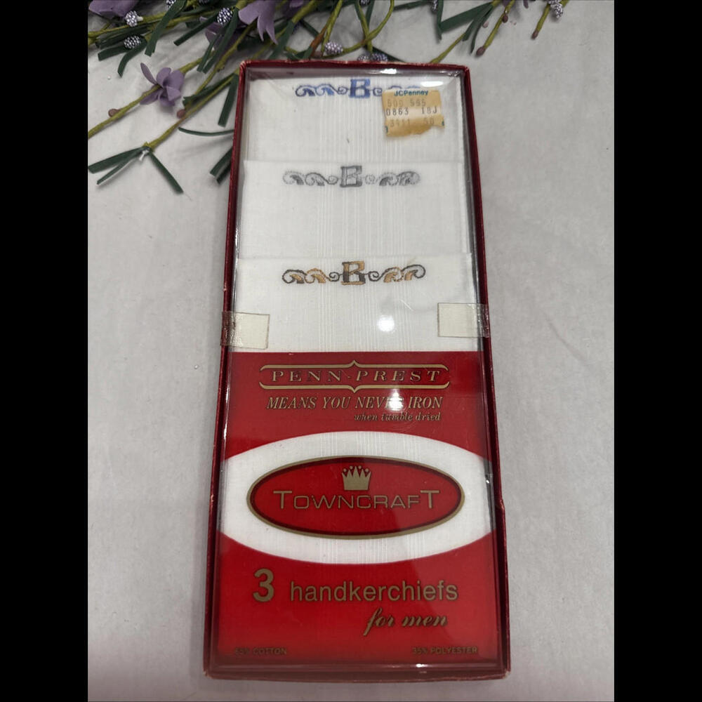 VTG Mens 1960s Towncraft Cotton Blend Embroidered  “B” Handkerchiefs NIP…